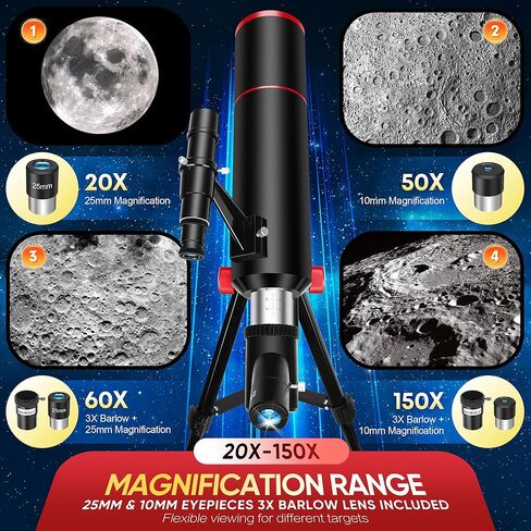 HETEKAN Telescope for Kids & Adults High Powered, 80mm Aperture 500mm Astronomy Telescope for Beginners (20X-150X), Portable Refractor Telescope with Tripod, Phone Adapter, Backpack & Stickers (Black) in Kuwait
