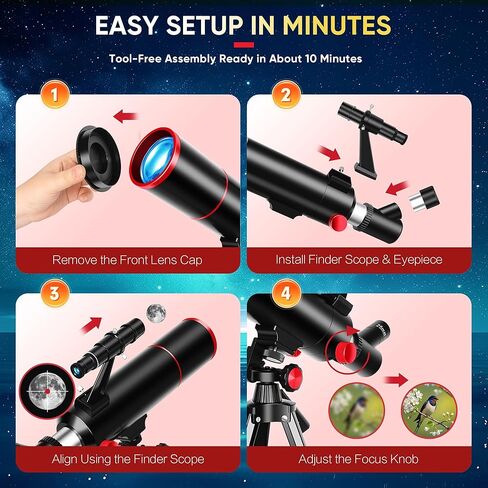 HETEKAN Telescope for Kids & Adults High Powered, 80mm Aperture 500mm Astronomy Telescope for Beginners (20X-150X), Portable Refractor Telescope with Tripod, Phone Adapter, Backpack & Stickers (Black) in Kuwait