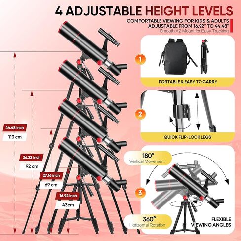 HETEKAN Telescope for Kids & Adults High Powered, 80mm Aperture 500mm Astronomy Telescope for Beginners (20X-150X), Portable Refractor Telescope with Tripod, Phone Adapter, Backpack & Stickers (Black) in Kuwait