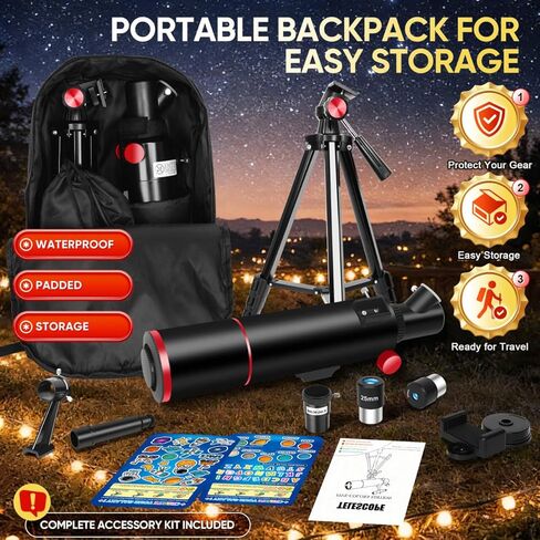 HETEKAN Telescope for Kids & Adults High Powered, 80mm Aperture 500mm Astronomy Telescope for Beginners (20X-150X), Portable Refractor Telescope with Tripod, Phone Adapter, Backpack & Stickers (Black) in Kuwait