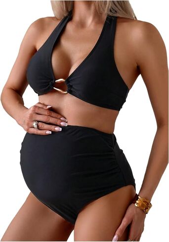 OYOANGLE Women's Maternity Bikini Sets Ring Linked Halter Swimsuits High Waisted Pregnancy Bathing Suits in Saudi Arabia