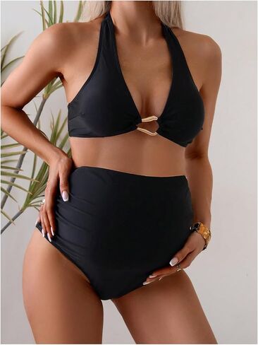 OYOANGLE Women's Maternity Bikini Sets Ring Linked Halter Swimsuits High Waisted Pregnancy Bathing Suits in Saudi Arabia