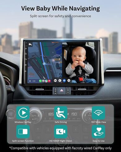 كاميرا OTTOCAST Cabin Care Baby Camera للسيارة، كاميرا سيارة للأطفال 1080P مع رؤية ليلية عالية الدقة، محول CarPlay لاسلكي، زاوية واسعة 150 درجة، مراقب المقعد الخلفي في الوقت الحقيقي in Kuwait