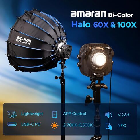 Amaran Halo 100X COB Led Video Light 100W ثنائي اللون 2700k-6500k،4,890 lux @ 1m (عاري)، ضوء سفر صغير للغاية، طاقة USB-C PD، تحكم في التطبيق/NFC، حامل Bowens لاستوديو YouTube TikTok (100، واط) in Kuwait