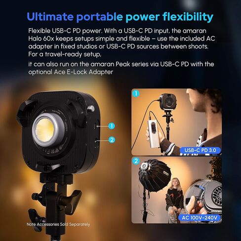 Amaran Halo 100X COB Led Video Light 100W ثنائي اللون 2700k-6500k،4,890 lux @ 1m (عاري)، ضوء سفر صغير للغاية، طاقة USB-C PD، تحكم في التطبيق/NFC، حامل Bowens لاستوديو YouTube TikTok (100، واط) in Kuwait
