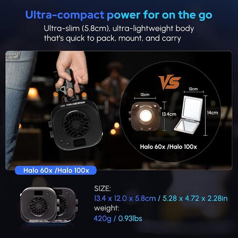Amaran Halo 100X COB Led Video Light 100W ثنائي اللون 2700k-6500k،4,890 lux @ 1m (عاري)، ضوء سفر صغير للغاية، طاقة USB-C PD، تحكم في التطبيق/NFC، حامل Bowens لاستوديو YouTube TikTok (100، واط) in Kuwait
