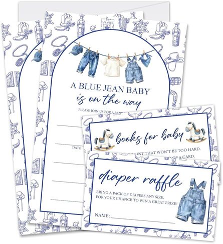 Baby Shower Invitations, Blue Jean Baby Shower Invites for Boys Girls, Gender Reveal Invitations, 25 Sets Invitation Cards with Envelopes, Diaper Raffle Tickets & Book Request Cards - 04 in Kuwait