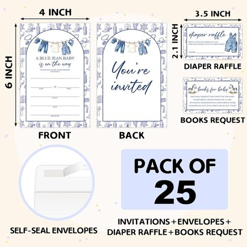 Baby Shower Invitations, Blue Jean Baby Shower Invites for Boys Girls, Gender Reveal Invitations, 25 Sets Invitation Cards with Envelopes, Diaper Raffle Tickets & Book Request Cards - 04 in Kuwait