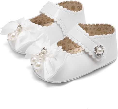 Meckior Baby Girl Mary Jane Flats Non-Slip Soft Sole Princess Shoes with Pearl Bowknot - Perfect for Wedding Baptism Party Newborn Prewalker 0-15 Months (White/Gold) in Kuwait
