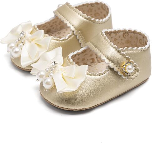 حذاء الأميرة Meckior Baby Girl Mary Jane Flats غير قابل للانزلاق ونعل ناعم مع عقدة لؤلؤية - مثالي لحفلات الزفاف وحفلات تعميد الأطفال حديثي الولادة من عمر 0 ​​إلى 15 شهرًا (أبيض/ذهبي) in Saudi Arabia