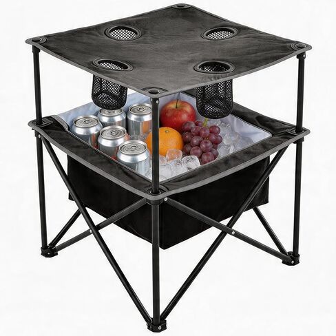 Portable Outdoor Folding Camping Table with 4 Cup Holders & Cooler Compartment, Waterproof Picnic Table for Picnic, BBQ, Beach, Hiking (Navy Blue) in Kuwait