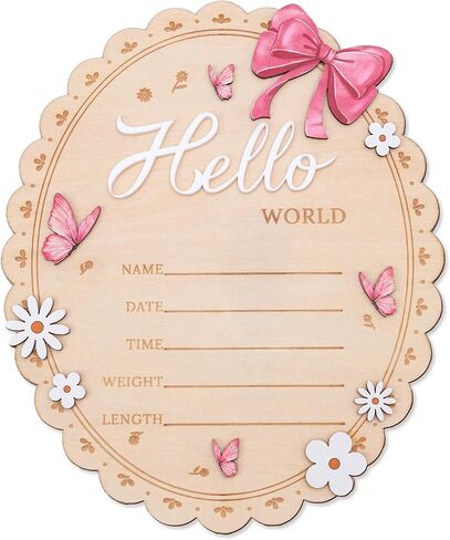 لافتة إعلان ولادة طفل خشبية من Hello World، عقدة وردية، تصميم فراشة وزهور، 6.5 بوصة (بيضاوية) in Kuwait
