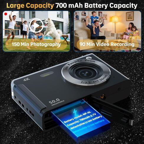 كاميرا رقمية 4K للتركيز التلقائي للتصوير الفوتوغرافي، تكبير 16X، كاميرا رقمية مدمجة محمولة بدقة 50 ميجابكسل، كاميرات سفر مدمجة للمبتدئين مع بطاقة 32 جيجابايت، بطاريتان، أسود in Kuwait