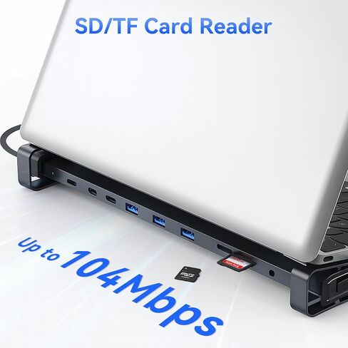 قاعدة توصيل للكمبيوتر المحمول 10 في 1 USB-C مع حامل قابل للتعديل، توصيل طاقة 100 وات، 4K HDMI، جيجابت إيثرنت، قارئ بطاقة SD/TF، ​​3 منافذ USB 3.0 لجهاز MacBook Pro/Air، Dell، HP، Lenovo (فضي) in Kuwait