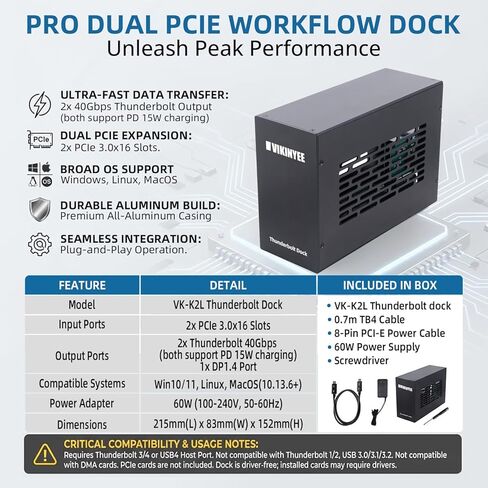 هيكل توسيع Thunderbolt 3/4 USB4 إلى PCIe لأجهزة الكمبيوتر المحمول وأجهزة الكمبيوتر الصغيرة، حاوية خارجية مع فتحة PCIe مزدوجة متوافقة مع بطاقة التقاط Decklink، لنظام التشغيل Windows/MacOS/Linux (VK-K2L) in Kuwait