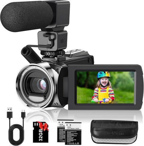 كاميرا فيديو كاميرا فيديو مسجل كاميرا رقمية لليوتيوب Full HD 1080P 30FPS 36MP 3.0 بوصة 270 درجة دوران كاميرات فيديو LCD للتصوير مع ميكروفون، بطاقة SD سعة 32 جيجابايت، بطاريتان للأطفال الطلاب المسنين in Kuwait