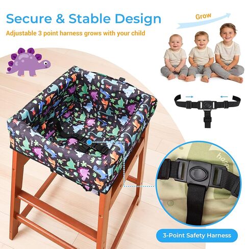 COOLBEBE Baby High Chair Cover with 3-Point Harness, Waterproof & Machine Washable Portable Seat Cover, Fits Wooden Chairs for Restaurant, Travel, Home & Dining Out, Black Dinosaur in Saudi Arabia