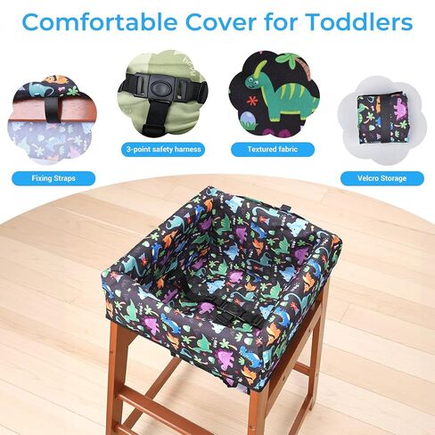 COOLBEBE Baby High Chair Cover with 3-Point Harness, Waterproof & Machine Washable Portable Seat Cover, Fits Wooden Chairs for Restaurant, Travel, Home & Dining Out, Black Dinosaur in Saudi Arabia