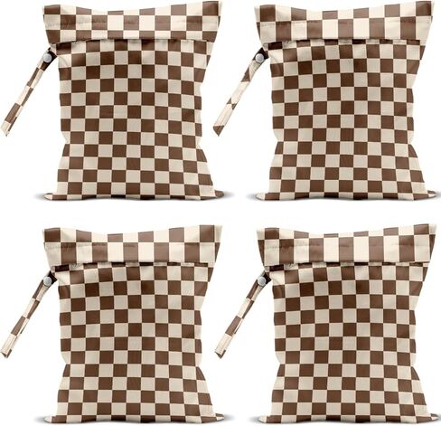 4 Pack Cute Wet Bag Waterproof Washable Reusable Wet Dry Bag for Swimsuit Clothes Cloth Diaper Travel Beach Pool Yoga Gym Thanksgiving Party Camping Toiletries Travel Beach Essentials,Brown Checkered in Kuwait