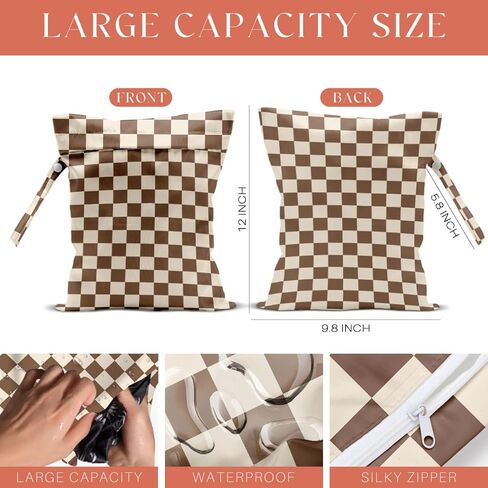 4 Pack Cute Wet Bag Waterproof Washable Reusable Wet Dry Bag for Swimsuit Clothes Cloth Diaper Travel Beach Pool Yoga Gym Thanksgiving Party Camping Toiletries Travel Beach Essentials,Brown Checkered in Kuwait