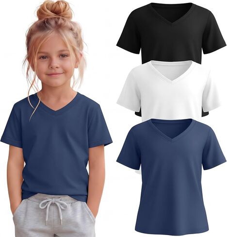3 Pack Toddler Girls' V Neck T-Shirts 18M-5T Short Sleeve Baby Loose Tops Kids Basic Soft Clothes Tees in Saudi Arabia