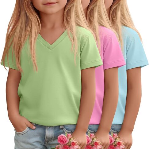 3 Pack Toddler Girls' V Neck T-Shirts 18M-5T Short Sleeve Baby Loose Tops Kids Basic Soft Clothes Tees in Saudi Arabia