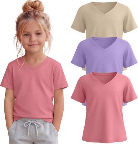 3 Pack Toddler Girls' V Neck T-Shirts 18M-5T Short Sleeve Baby Loose Tops Kids Basic Soft Clothes Tees in Saudi Arabia