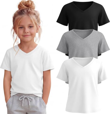 3 Pack Toddler Girls' V Neck T-Shirts 18M-5T Short Sleeve Baby Loose Tops Kids Basic Soft Clothes Tees in Saudi Arabia
