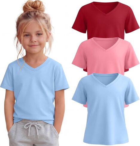 3 Pack Toddler Girls' V Neck T-Shirts 18M-5T Short Sleeve Baby Loose Tops Kids Basic Soft Clothes Tees in Saudi Arabia