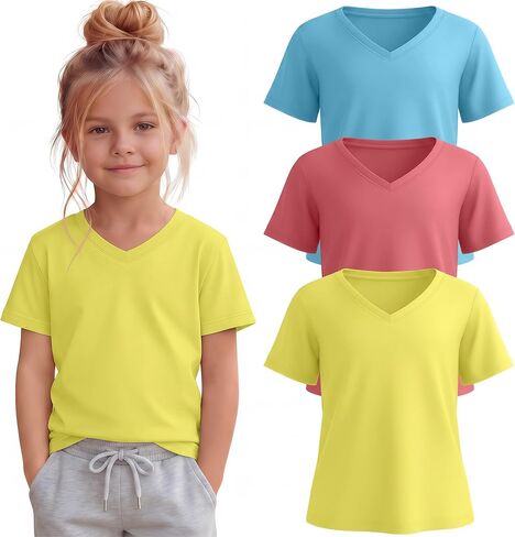 3 Pack Toddler Girls' V Neck T-Shirts 18M-5T Short Sleeve Baby Loose Tops Kids Basic Soft Clothes Tees in Saudi Arabia