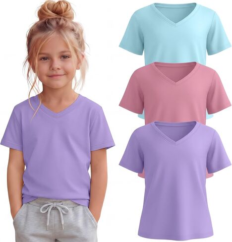 3 Pack Toddler Girls' V Neck T-Shirts 18M-5T Short Sleeve Baby Loose Tops Kids Basic Soft Clothes Tees in Saudi Arabia