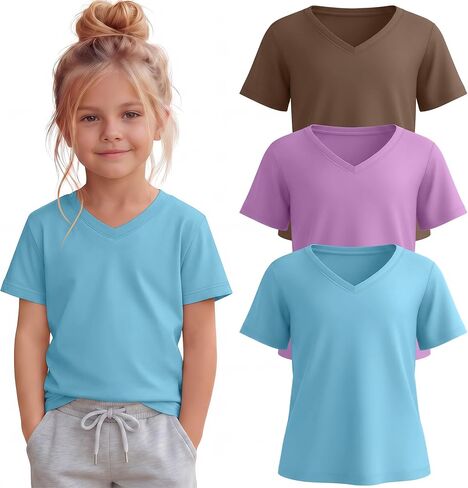3 Pack Toddler Girls' V Neck T-Shirts 18M-5T Short Sleeve Baby Loose Tops Kids Basic Soft Clothes Tees in Saudi Arabia
