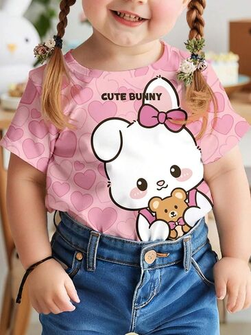 Girls Short Sleeve T-Shirt, Cute Bunny with Bow Print, Pink Casual Top for Toddler in Kuwait