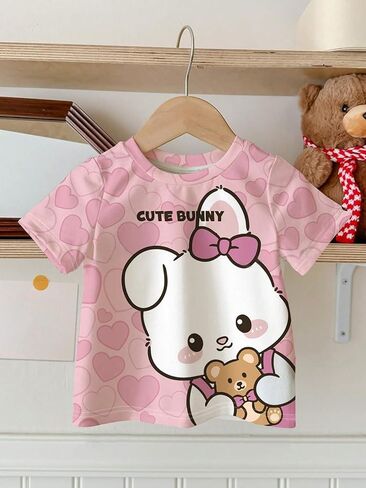 Girls Short Sleeve T-Shirt, Cute Bunny with Bow Print, Pink Casual Top for Toddler in Kuwait