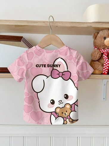 Girls Short Sleeve T-Shirt, Cute Bunny with Bow Print, Pink Casual Top for Toddler in Kuwait