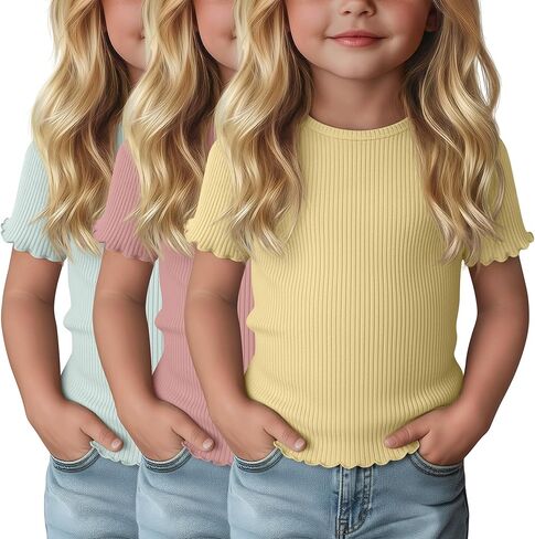 3 Pack Baby Girls Ribbed T-Shirts | Short Sleeve, Lettuce Trim, Crewneck, Basic, Slim Fit, Soft Tops, Toddler Tees, 18M-5T, Comfy, Lightweight in Saudi Arabia