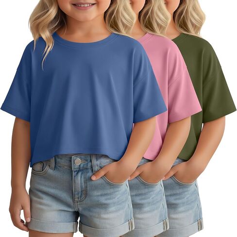 3 Pack Toddler Girls Crop Tops Short Sleeve Crew Neck T Shirts for Girl Loose Cropped Basic Kids Tees 18M-5T in Saudi Arabia