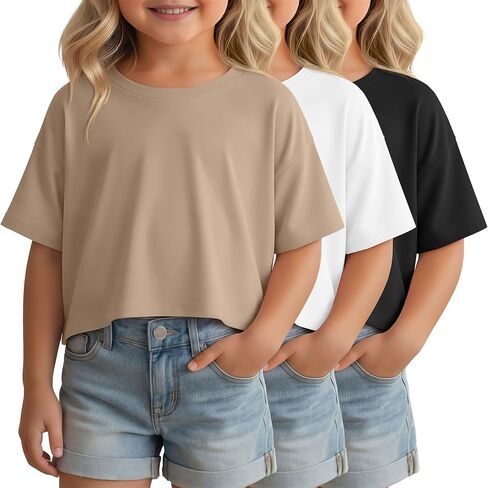 3 Pack Toddler Girls Crop Tops Short Sleeve Crew Neck T Shirts for Girl Loose Cropped Basic Kids Tees 18M-5T in Saudi Arabia