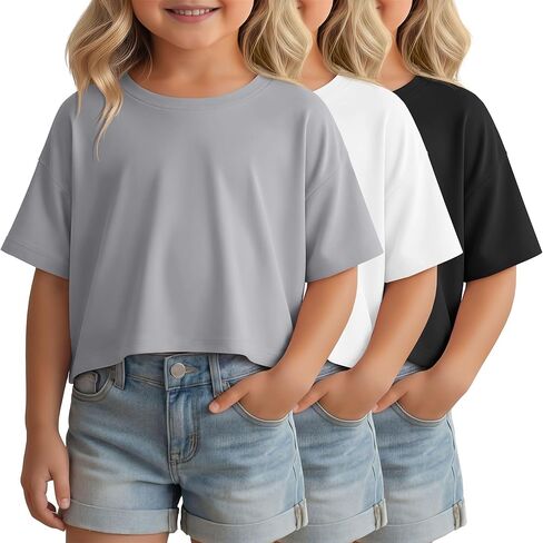3 Pack Toddler Girls Crop Tops Short Sleeve Crew Neck T Shirts for Girl Loose Cropped Basic Kids Tees 18M-5T in Saudi Arabia