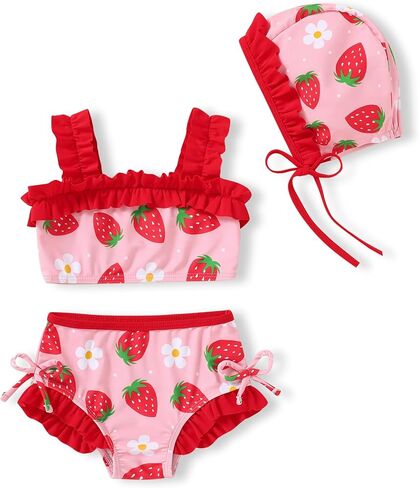 HAPPYMA Toddler Swimsuit Baby Girl Bathing Suit Ruffle Sleeveless Beach Wear Bikini Infant Tankini with Hat in Saudi Arabia