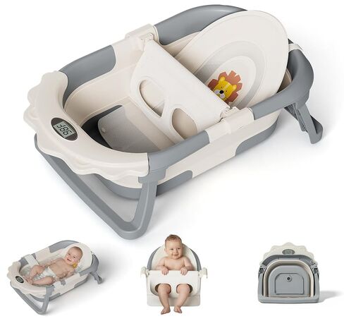 MoreFeel Foldable Baby Bathtub with Thermometer - 4-in-1 Grow-with-Me Collapsible Infant Tub (Newborn to Toddler) with Adjustable Mesh Sling - Space Saving Design in Kuwait