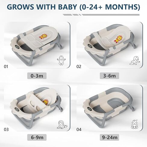 MoreFeel Foldable Baby Bathtub with Thermometer - 4-in-1 Grow-with-Me Collapsible Infant Tub (Newborn to Toddler) with Adjustable Mesh Sling - Space Saving Design in Kuwait