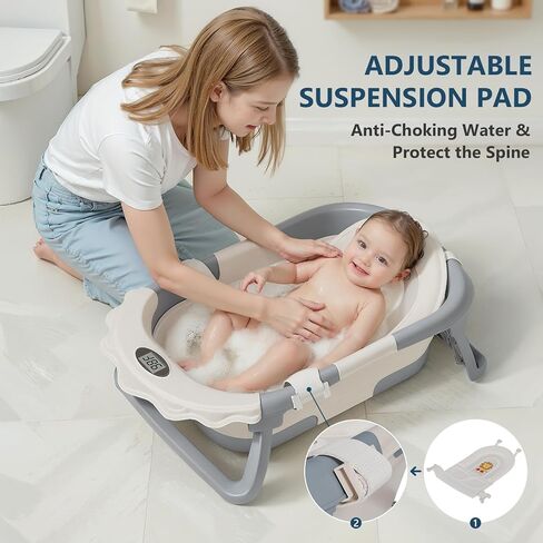 MoreFeel Foldable Baby Bathtub with Thermometer - 4-in-1 Grow-with-Me Collapsible Infant Tub (Newborn to Toddler) with Adjustable Mesh Sling - Space Saving Design in Kuwait