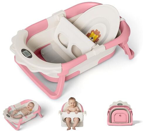 MoreFeel Foldable Baby Bathtub with Thermometer - 4-in-1 Grow-with-Me Collapsible Infant Tub (Newborn to Toddler) with Adjustable Mesh Sling - Space Saving Design in Kuwait
