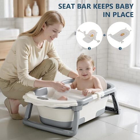 MoreFeel Foldable Baby Bathtub with Thermometer - 4-in-1 Grow-with-Me Collapsible Infant Tub (Newborn to Toddler) with Adjustable Mesh Sling - Space Saving Design in Kuwait