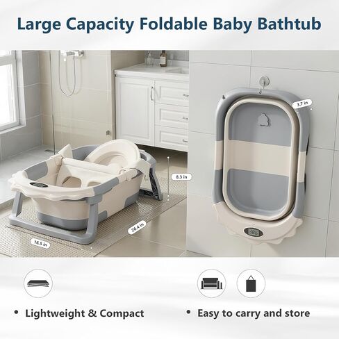 MoreFeel Foldable Baby Bathtub with Thermometer - 4-in-1 Grow-with-Me Collapsible Infant Tub (Newborn to Toddler) with Adjustable Mesh Sling - Space Saving Design in Kuwait