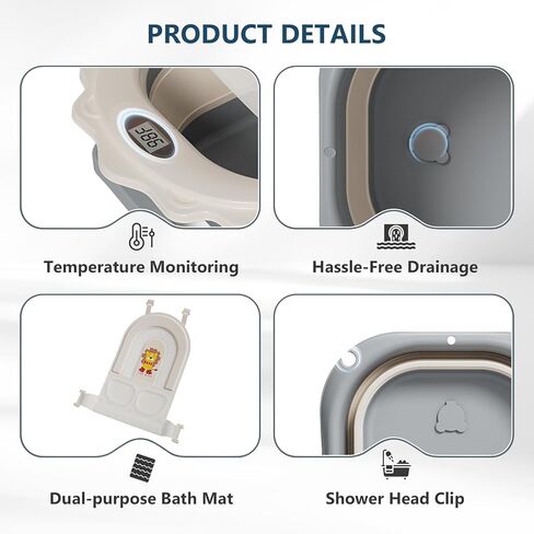 MoreFeel Foldable Baby Bathtub with Thermometer - 4-in-1 Grow-with-Me Collapsible Infant Tub (Newborn to Toddler) with Adjustable Mesh Sling - Space Saving Design in Kuwait
