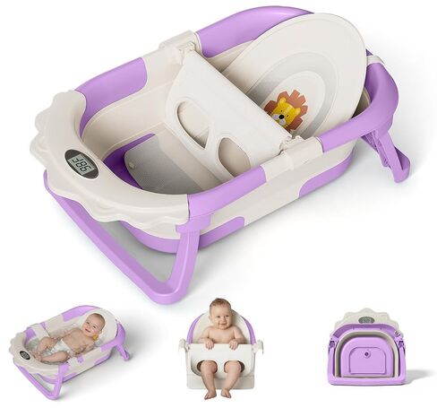 MoreFeel Foldable Baby Bathtub with Thermometer - 4-in-1 Grow-with-Me Collapsible Infant Tub (Newborn to Toddler) with Adjustable Mesh Sling - Space Saving Design in Kuwait