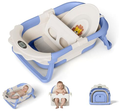 MoreFeel Foldable Baby Bathtub with Thermometer - 4-in-1 Grow-with-Me Collapsible Infant Tub (Newborn to Toddler) with Adjustable Mesh Sling - Space Saving Design in Kuwait