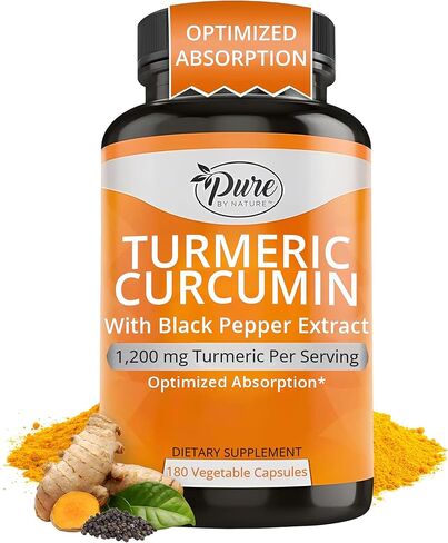 Pure By Nature Turmeric Curcumin with Black Pepper Extract 10 mg Capsules, 1200 mg per Serving, Organic, High Absorption Antioxidant Support (180 Count) in Saudi Arabia